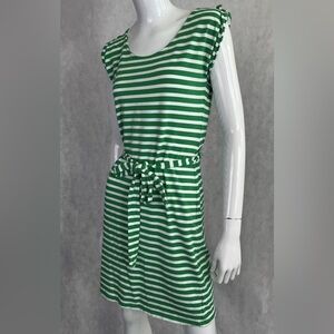 Talbots Green and White Striped Belted Midi Dress